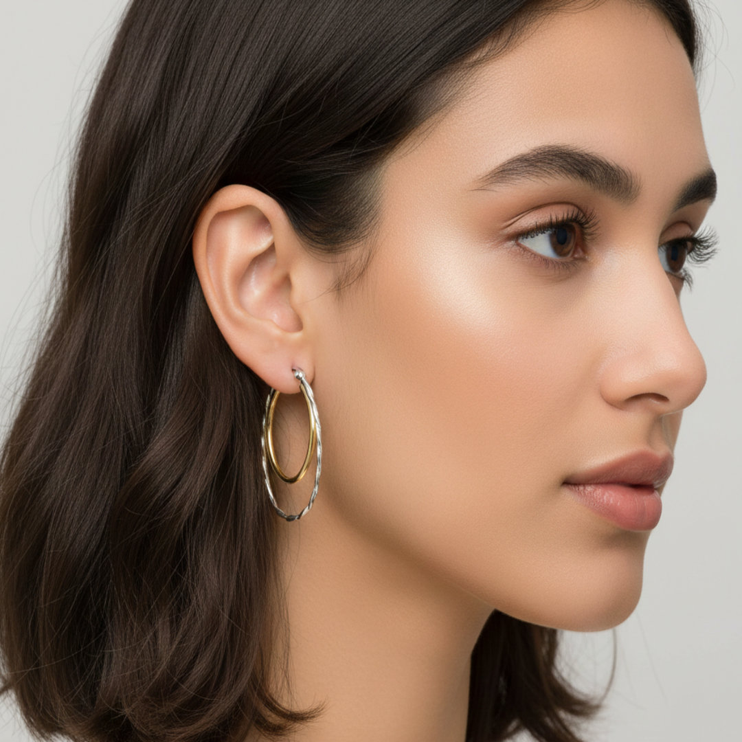 Duniya Swig Double Hoops Two Tone 925 Sterling Silver Hoop Earrings