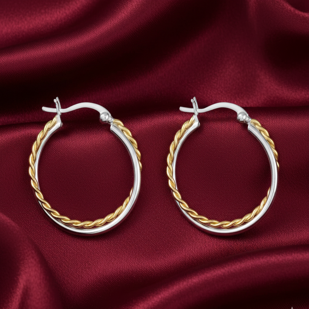 Aditi Swig Double Hoops Two Tone 925 Sterling Silver Hoop Earrings