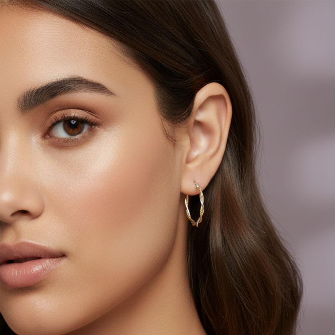 Aditi Swig Double Hoops Two Tone 925 Sterling Silver Hoop Earrings