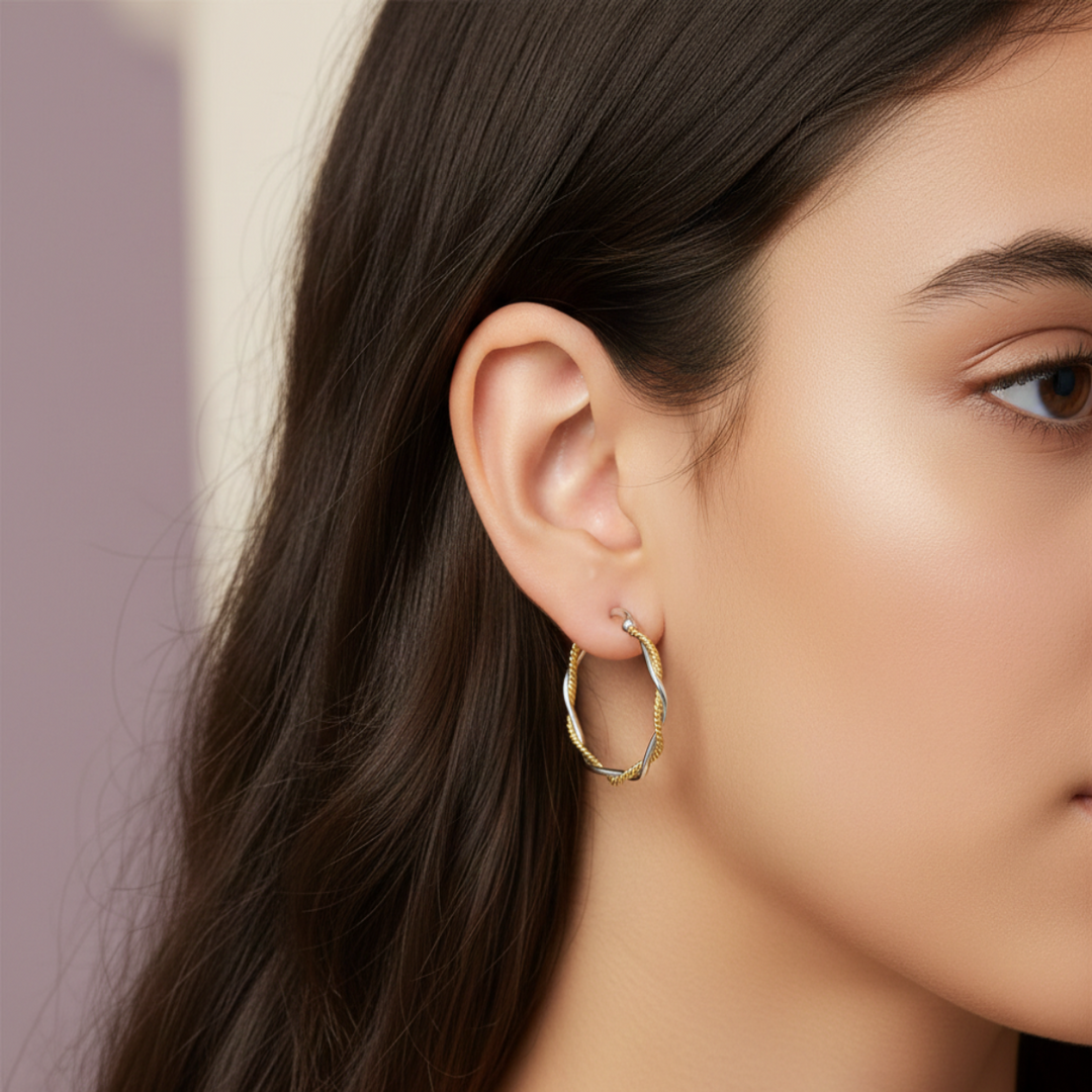 Aditi Swig Double Hoops Two Tone 925 Sterling Silver Hoop Earrings
