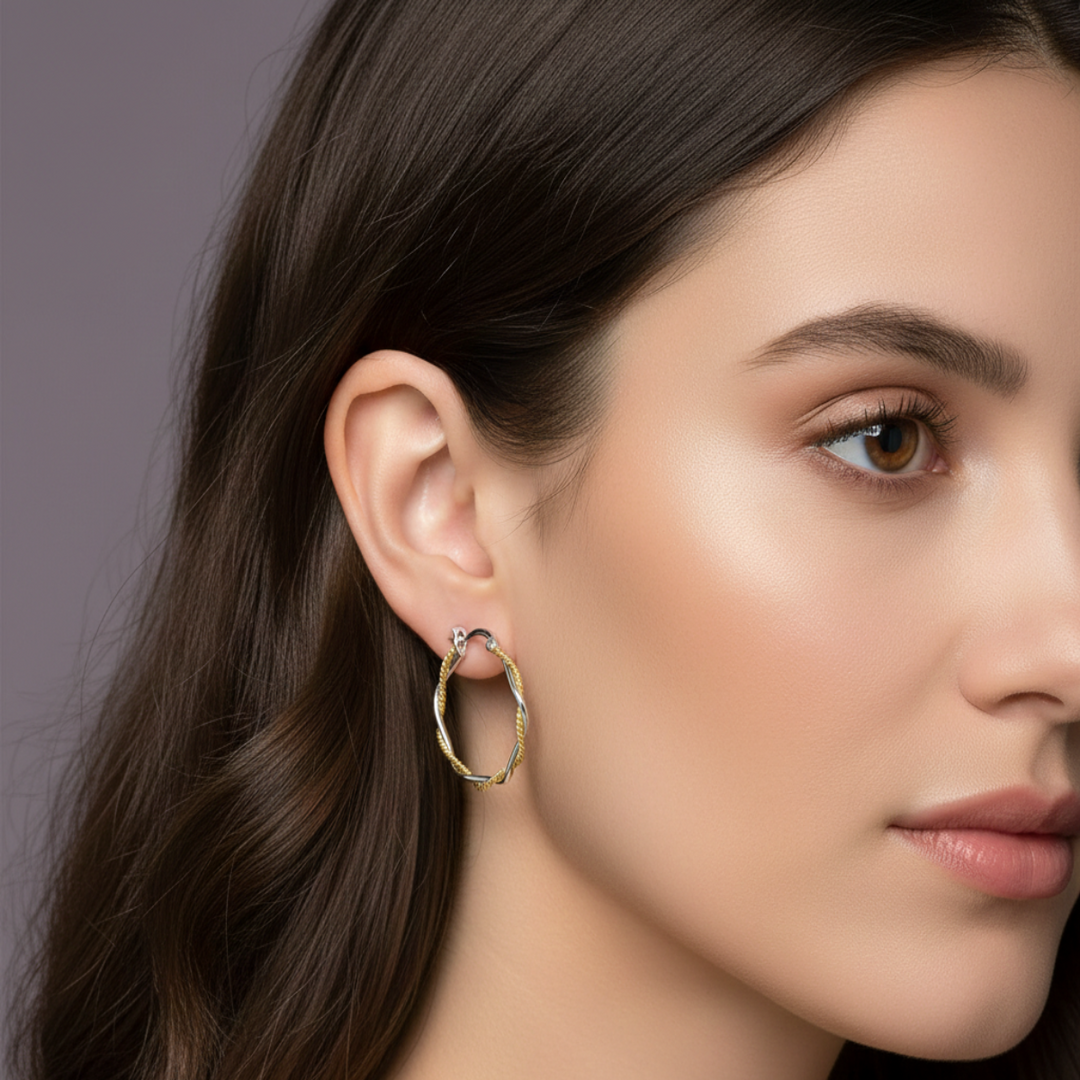 Swirl Vines Double Hoops Two Tone 925 Sterling Silver Hoop Earrings