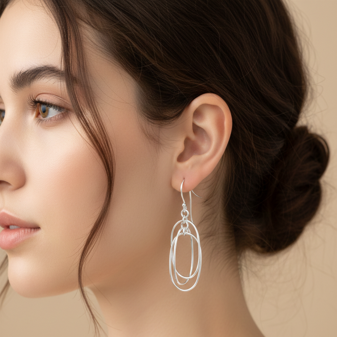 Oval Circles 925 Sterling Silver Dangling Hook Earrings for Women