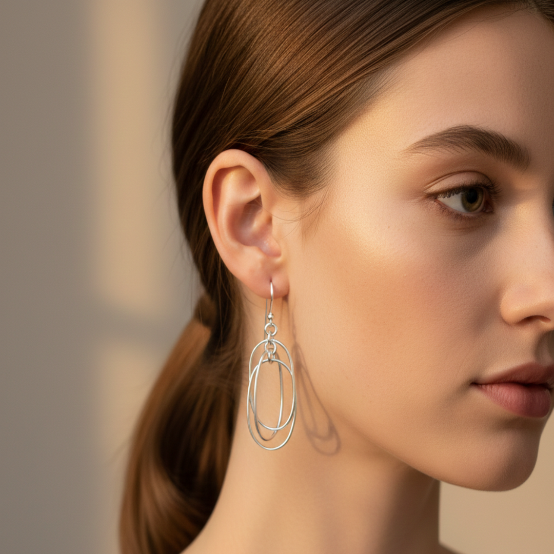 Oval Circles 925 Sterling Silver Dangling Hook Earrings for Women