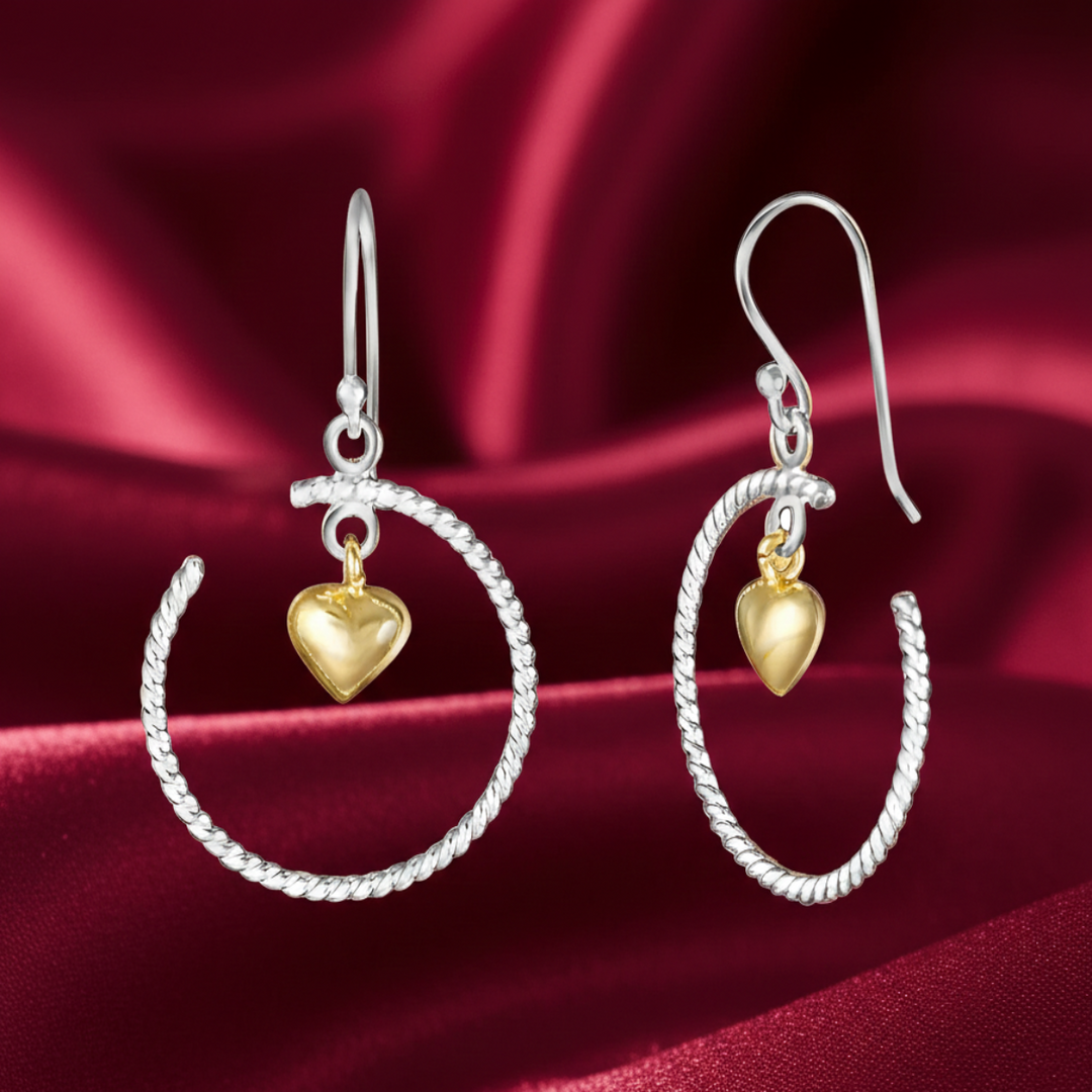 Dangling Golden Hearts Two Tone Link 925 Sterling Silver Earrings