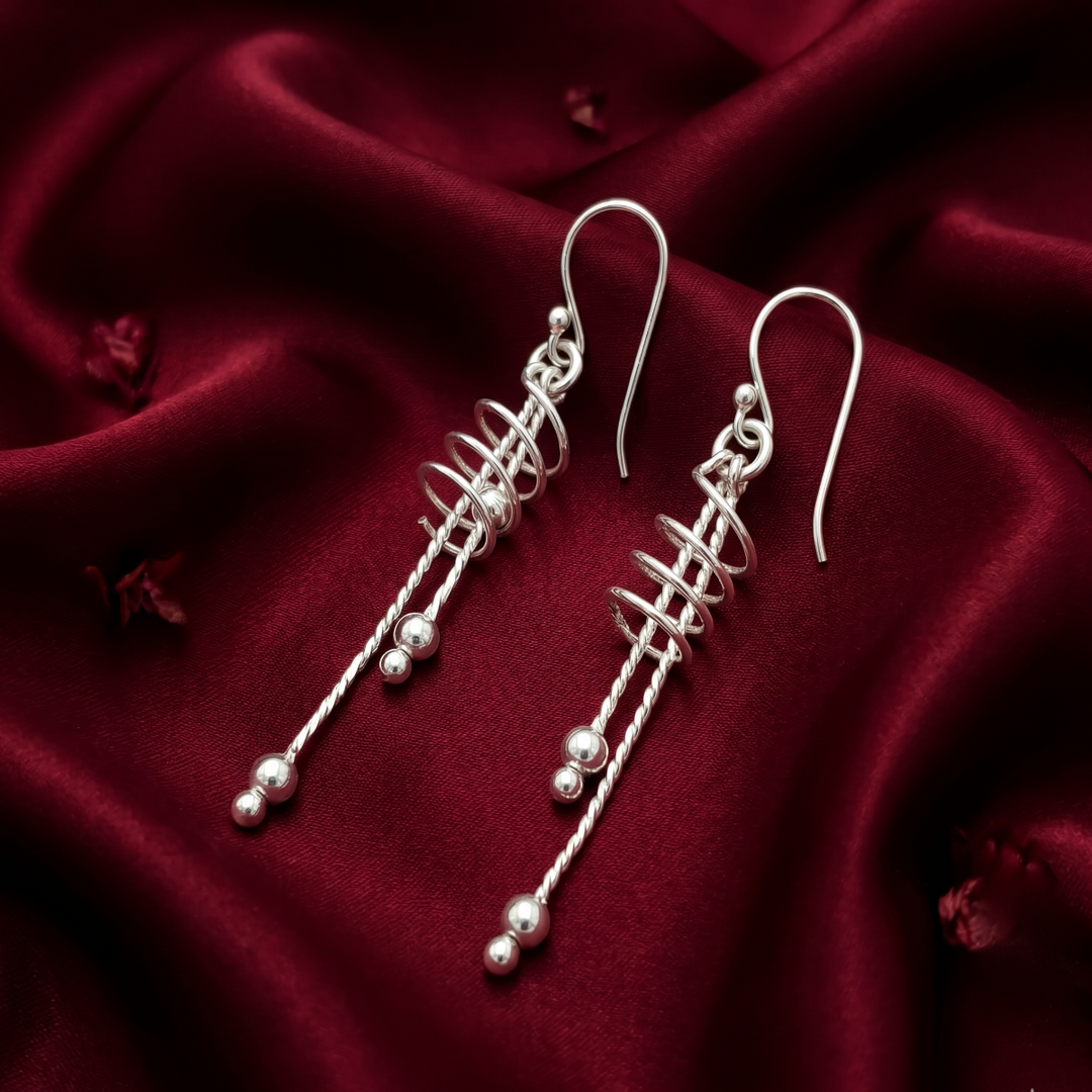 Ball Bead Wavy Rhodium Plated 925 Sterling Silver Hook Dangler Earrings for Women