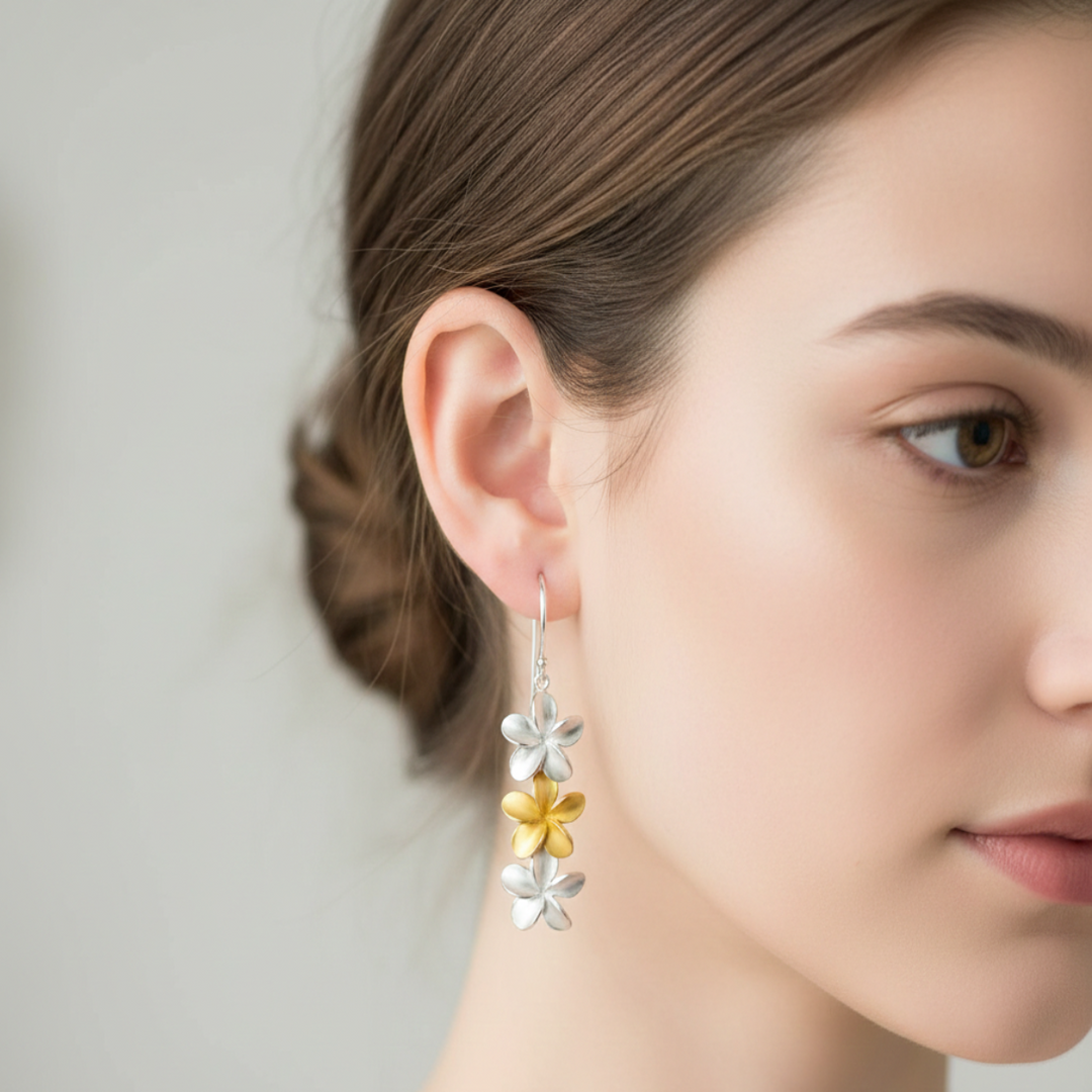 Hawaiian Plumeria Floral Rhodium and Gold Plated 925 Sterling Silver Hook Earrings for Women