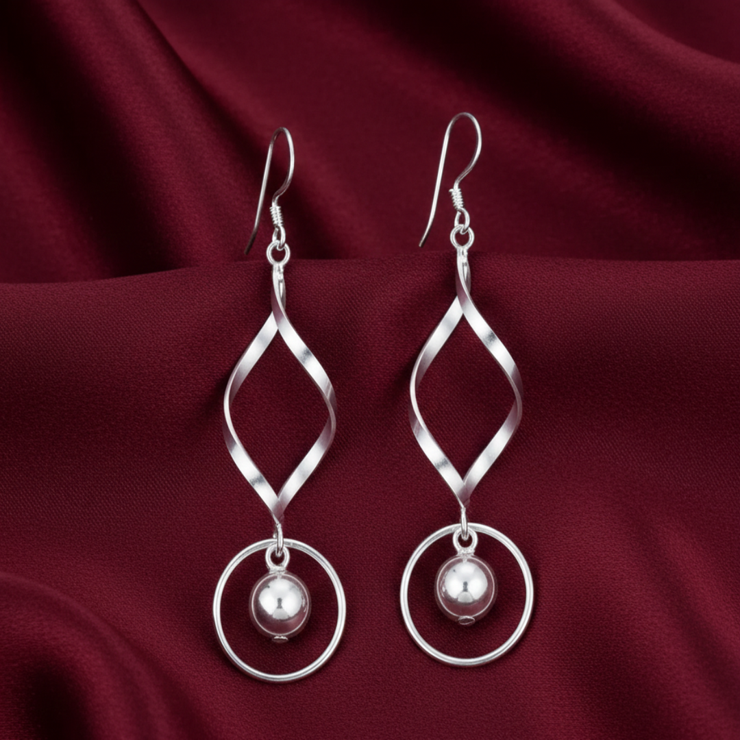 Ball Bead Wavy Rhodium Plated 925 Sterling Silver Hook Dangler Earrings for Women