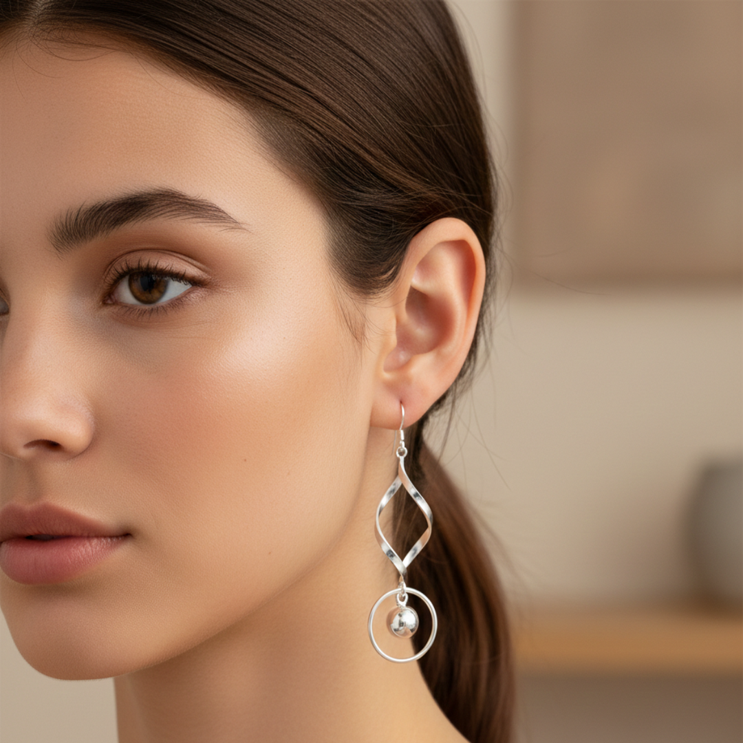 Ball Bead Wavy Rhodium Plated 925 Sterling Silver Hook Dangler Earrings for Women