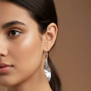 Handmade Textured Leaf Rhodium Plated 925 Sterling Silver Dangling Hook Earrings for Women