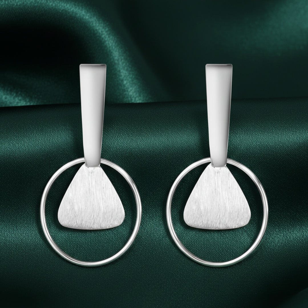 Circle Textured Triangle Rhodium Plated 925 Sterling Silver Dangling Hook Earrings for Women
