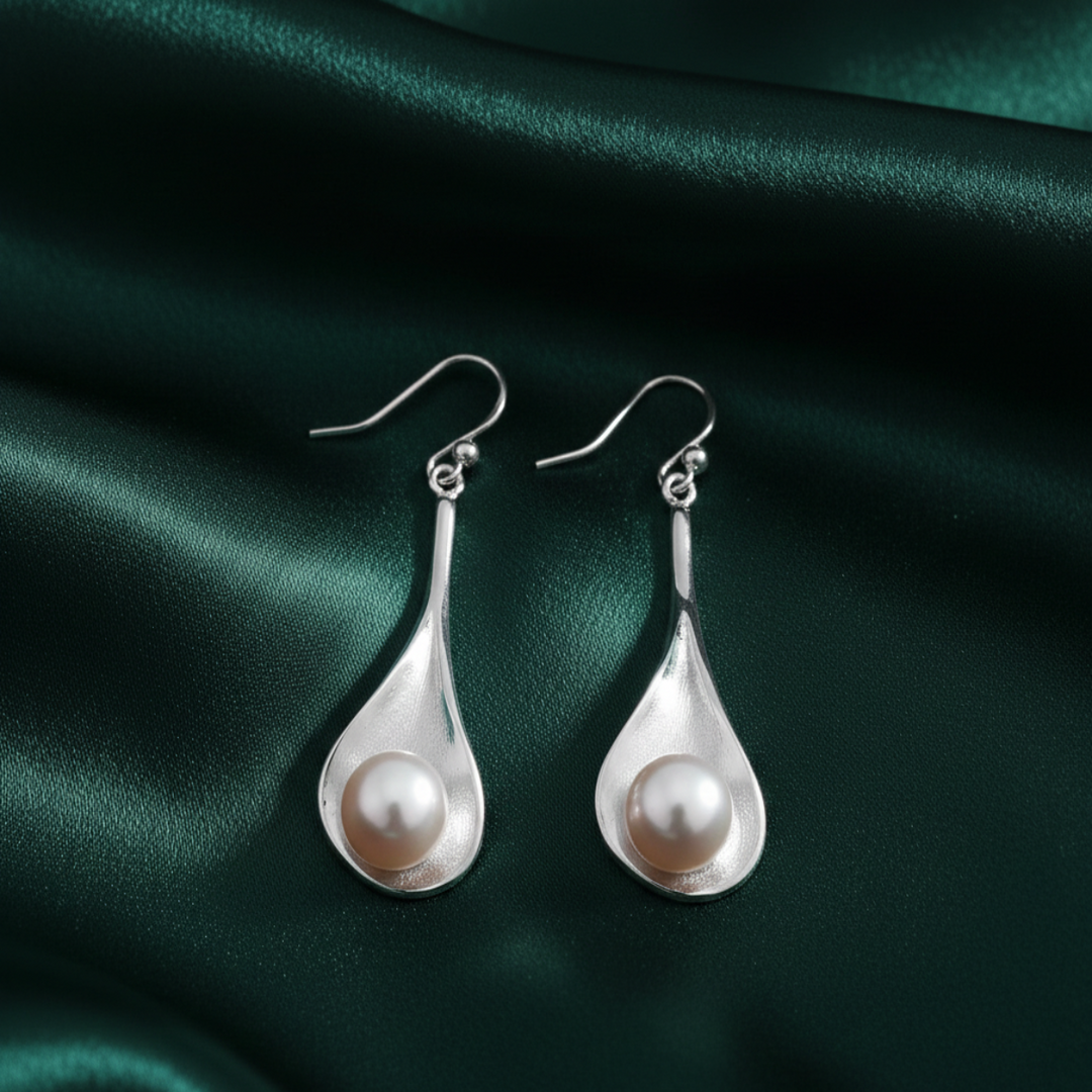 Oyster Handmade Pearl  Rhodium Plated 925 Sterling Silver Dangling Hook Earrings for Women