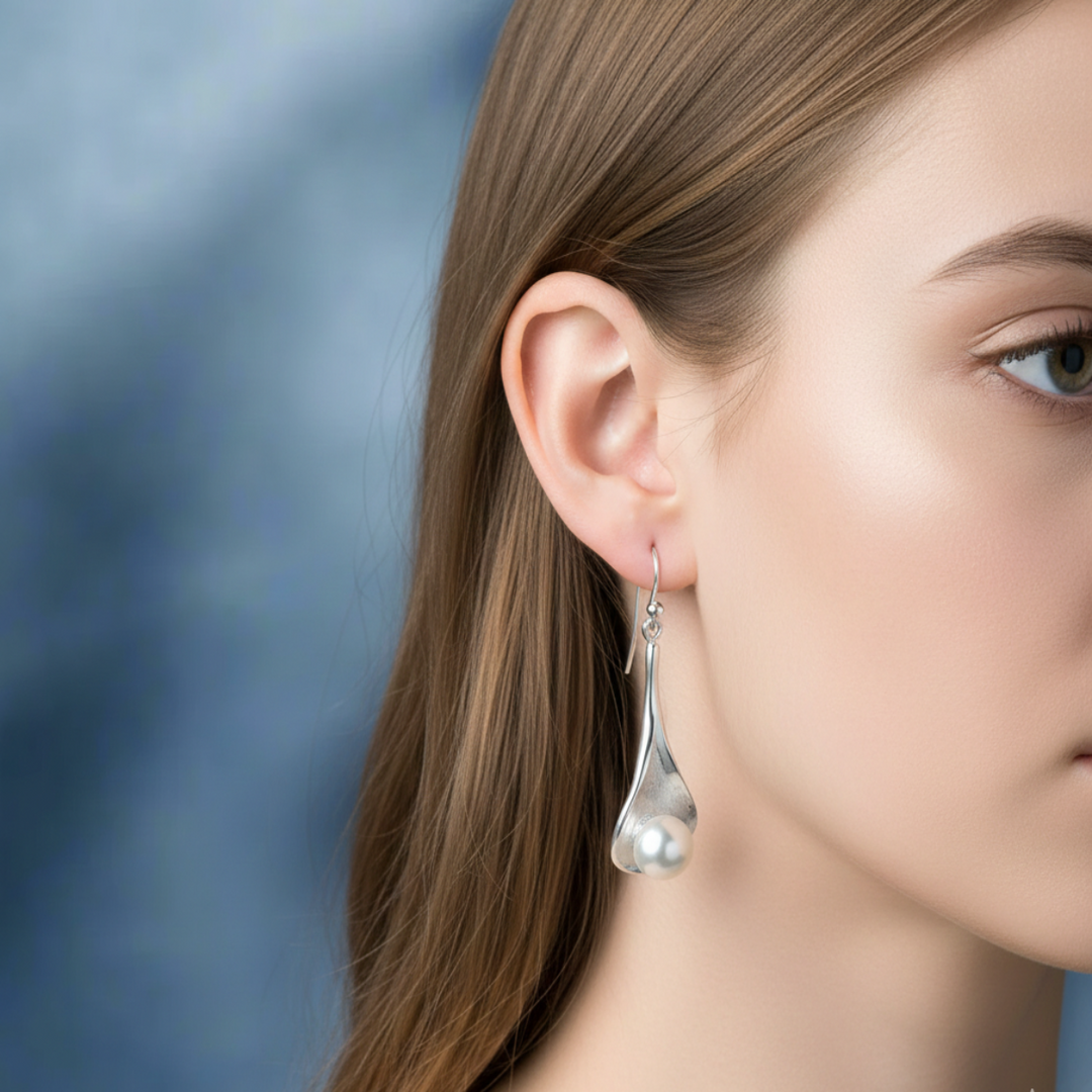 Oyster Handmade Pearl  Rhodium Plated 925 Sterling Silver Dangling Hook Earrings for Women