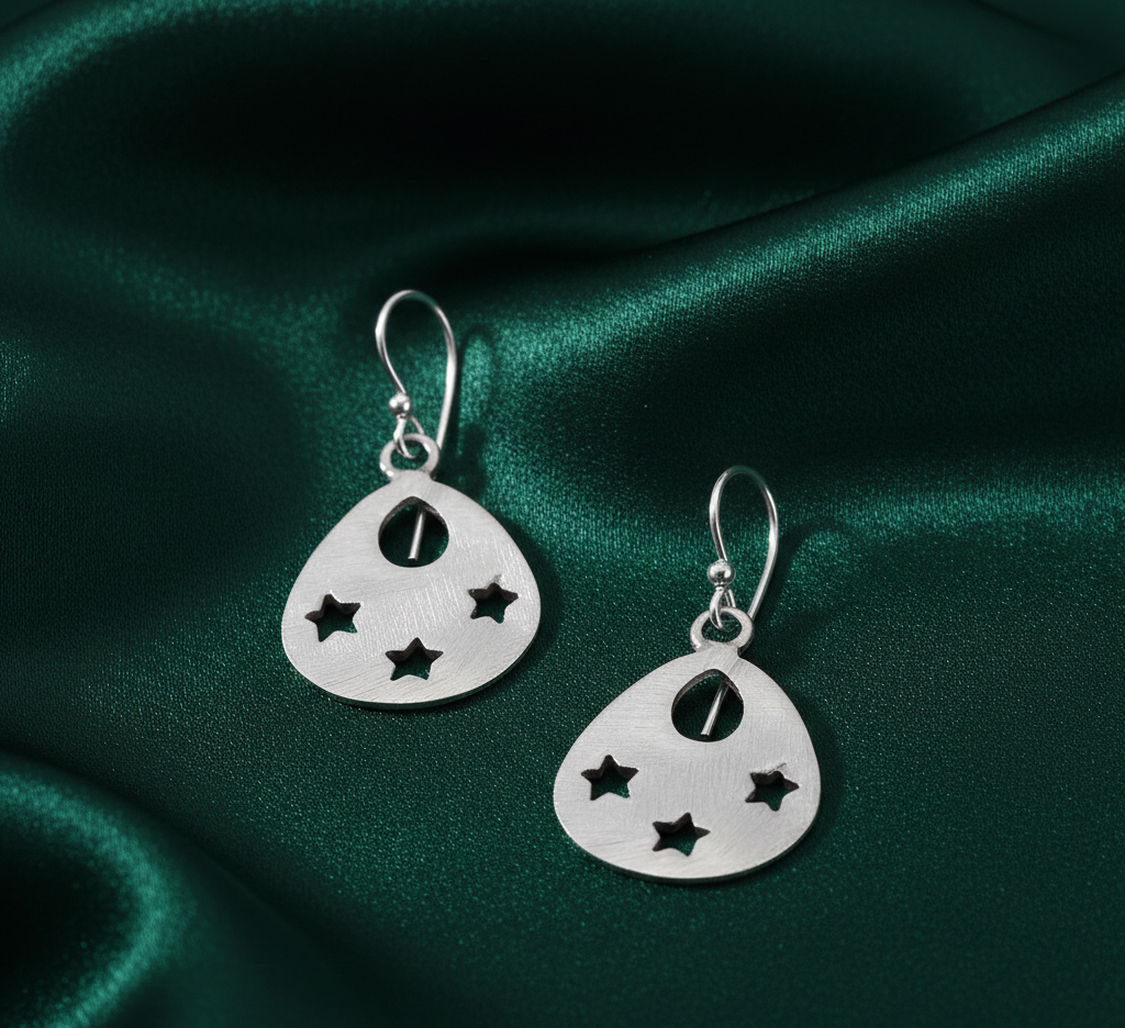 Handmade and Textured Pear shaped Rhodium Plated 925 Sterling Silver Dangling Hook Earrings for Women