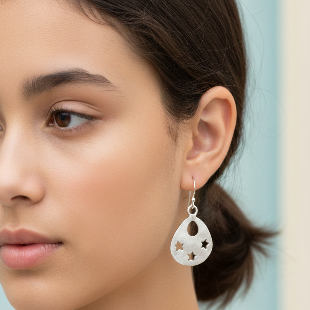 Handmade and Textured Pear shaped Rhodium Plated 925 Sterling Silver Dangling Hook Earrings for Women