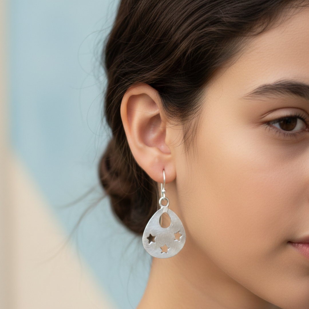 Handmade and Textured Pear shaped Rhodium Plated 925 Sterling Silver Dangling Hook Earrings for Women