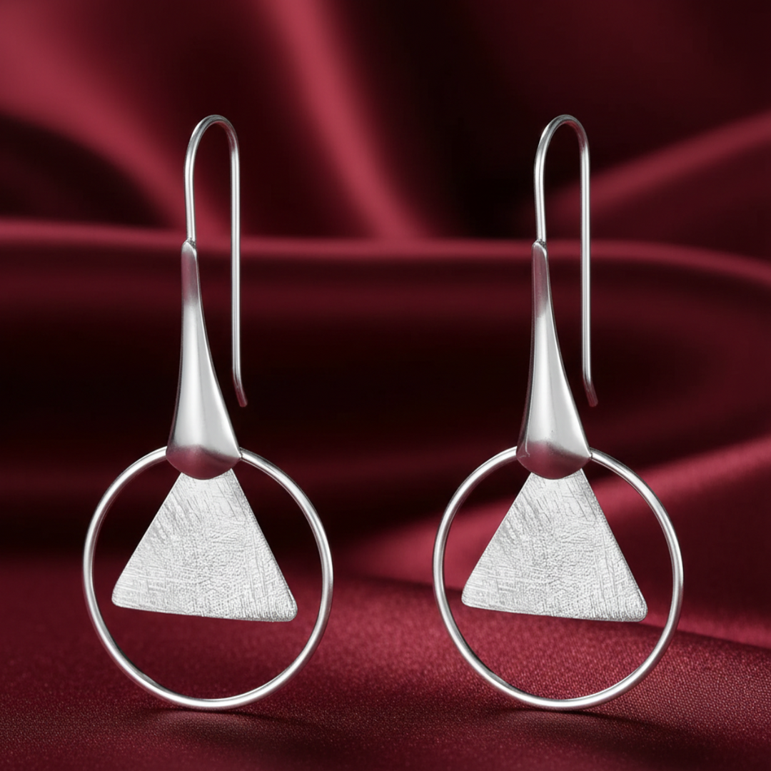 Handmade and Textured Triangle Rhodium Plated 925 Sterling Silver Dangling Hook Earrings for Women