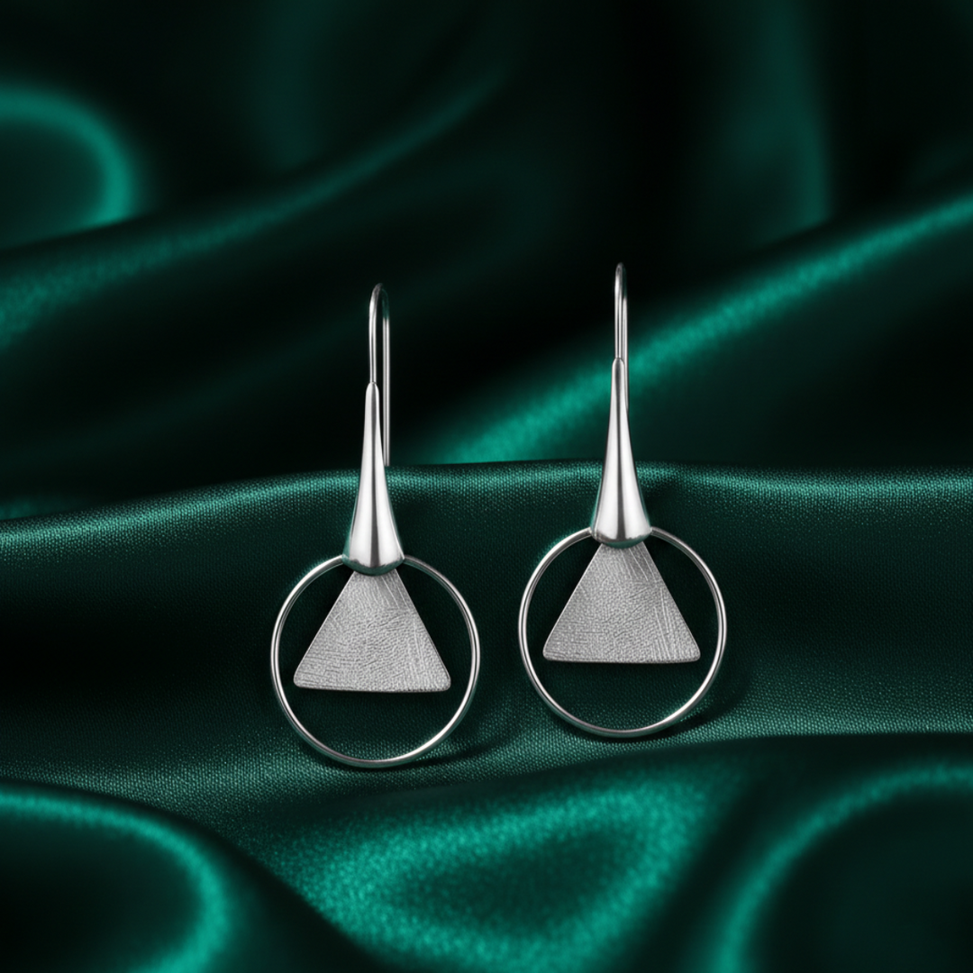 Handmade and Textured Triangle Rhodium Plated 925 Sterling Silver Dangling Hook Earrings for Women