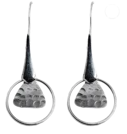 Handmade and Textured Triangle Rhodium Plated 925 Sterling Silver Dangling Hook Earrings for Women