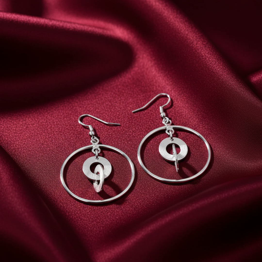 Handmade and Textured Circle Rhodium Plated 925 Sterling Silver Dangling Hook Earrings for Women