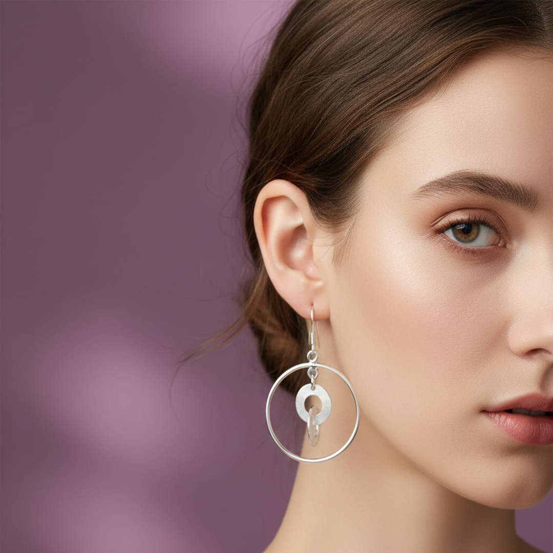 Handmade and Textured Circle Rhodium Plated 925 Sterling Silver Dangling Hook Earrings for Women
