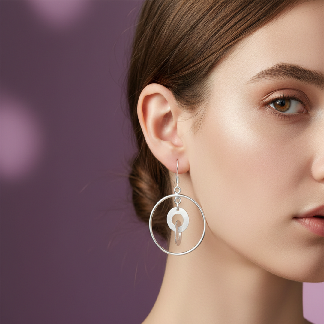 Handmade and Textured Circle Rhodium Plated 925 Sterling Silver Dangling Hook Earrings for Women