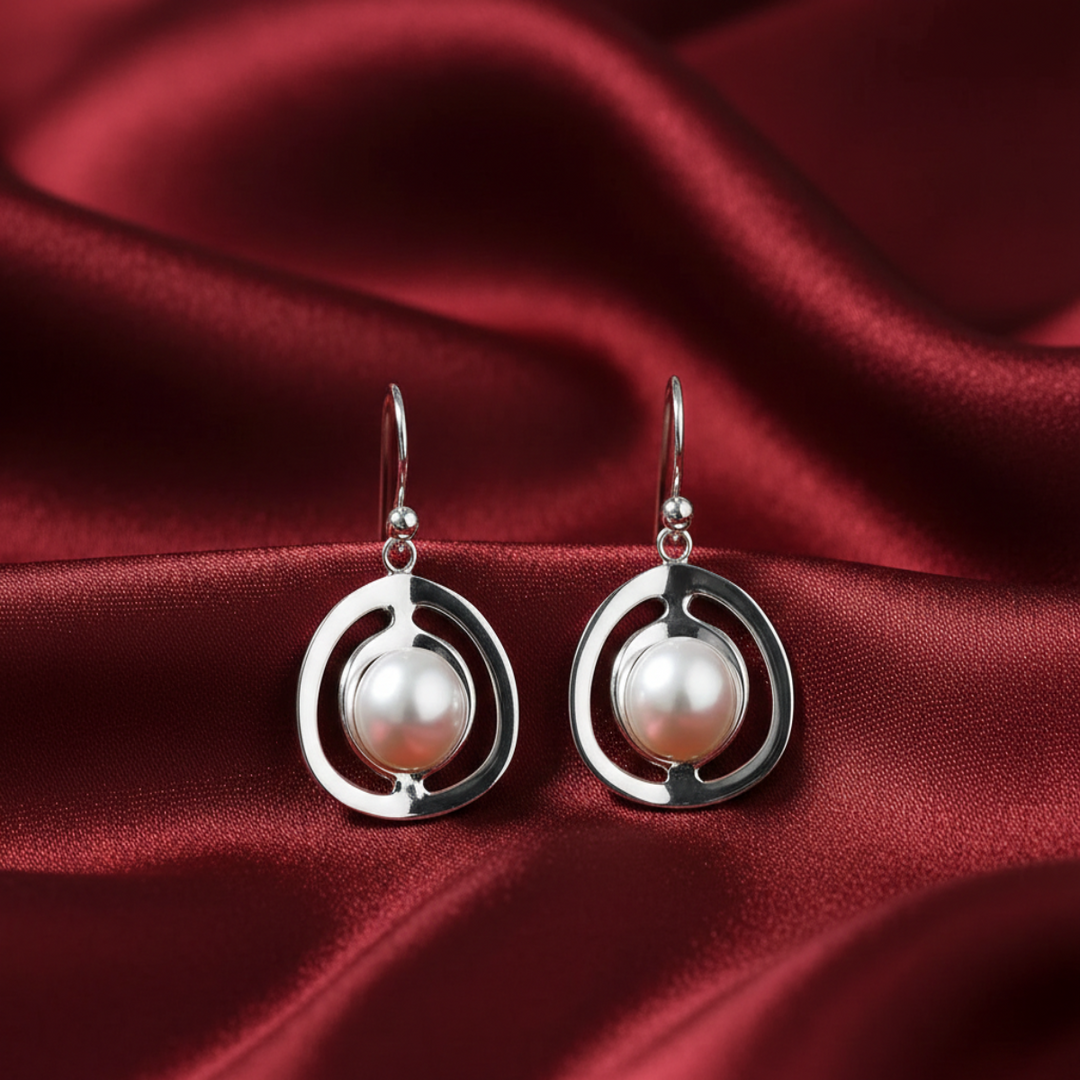 Handmade with Pearl Circle Rhodium Plated 925 Sterling Silver Dangling Hook Earrings for Women