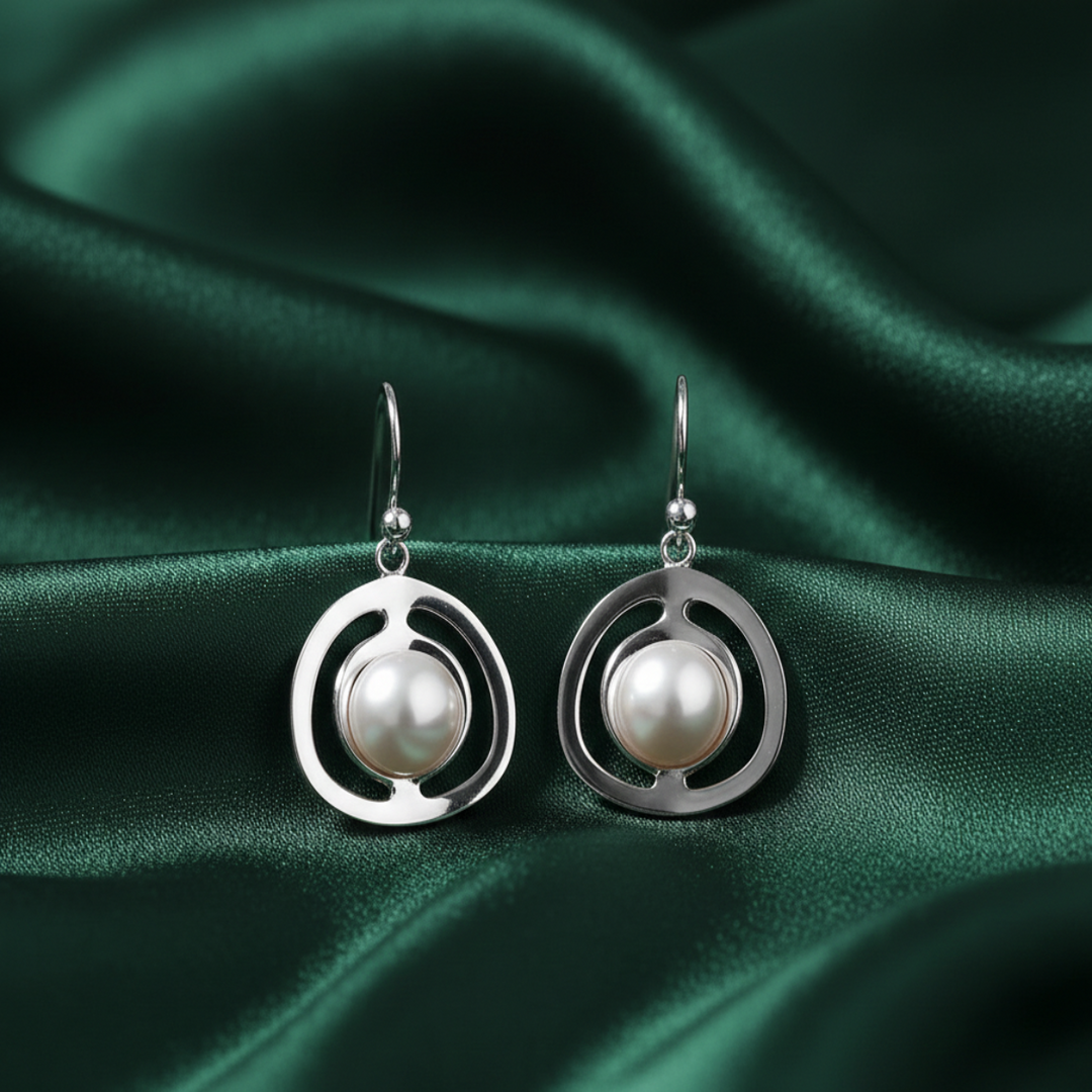 Handmade with Pearl Circle Rhodium Plated 925 Sterling Silver Dangling Hook Earrings for Women