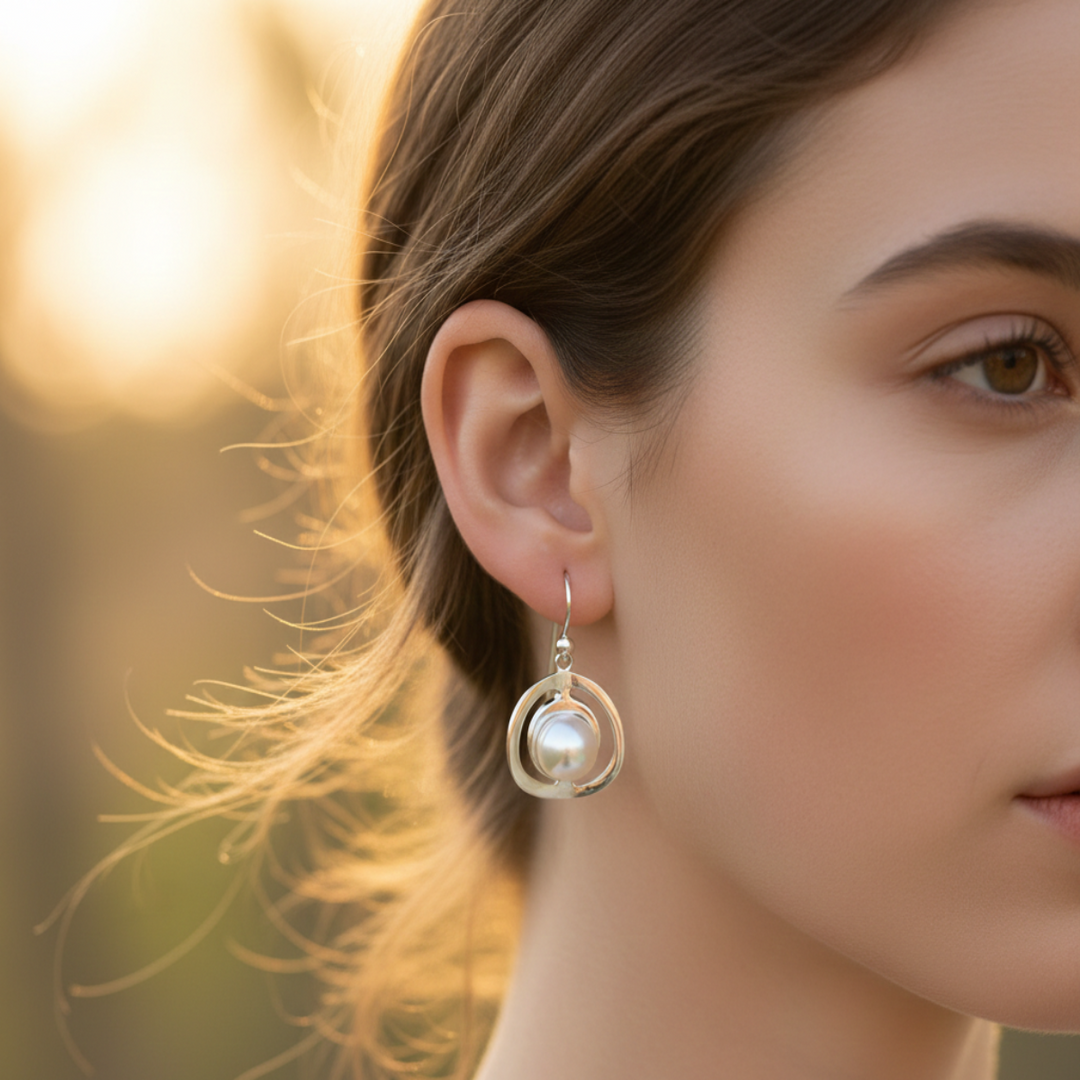 Handmade with Pearl Circle Rhodium Plated 925 Sterling Silver Dangling Hook Earrings for Women