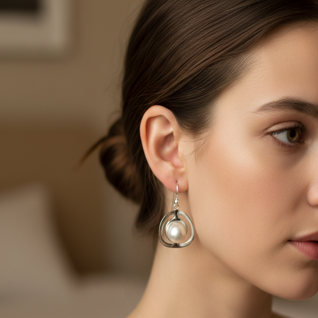 Handmade with Pearl Circle Rhodium Plated 925 Sterling Silver Dangling Hook Earrings for Women