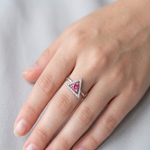 Load image into Gallery viewer, Dazzling 925 Sterling Silver Trangle Shape Ruby Tone Halo Ring with Sparkling Accents