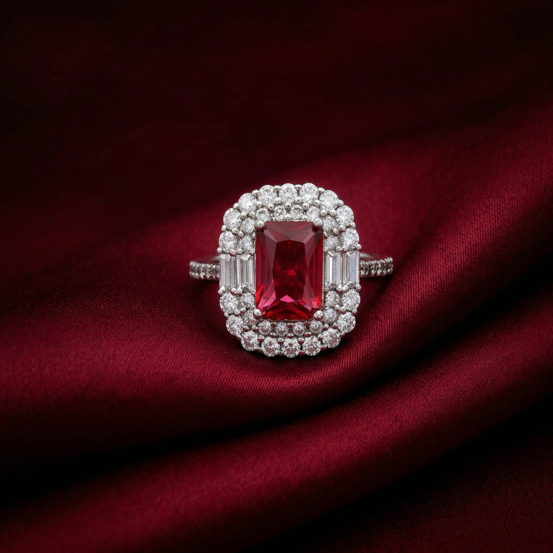Dazzling 925 Sterling Silver Ruby-Tone Halo Ring with Sparkling Accents