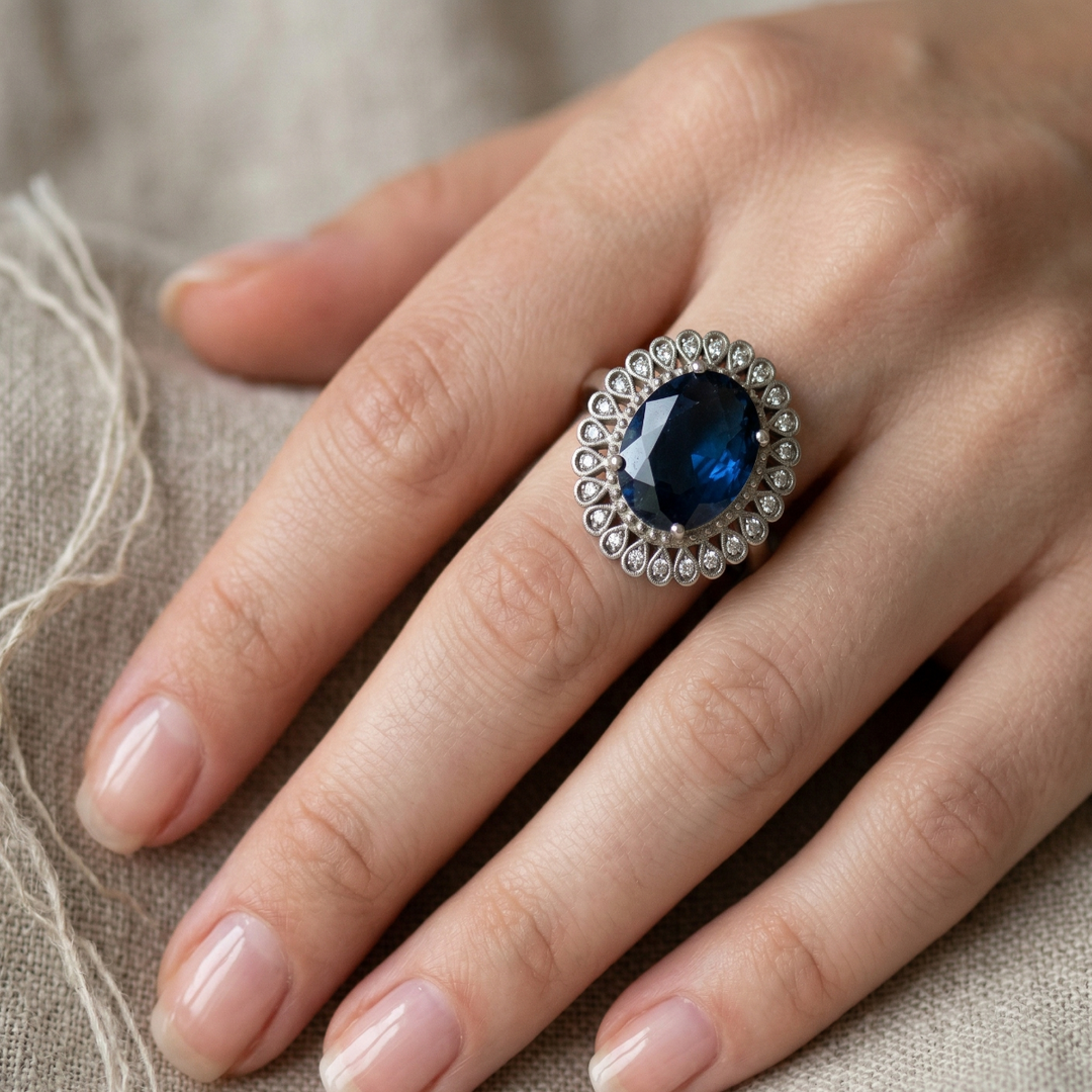 Stunning 925 Sterling Silver Red Gemstone Halo Ring with Side Accents