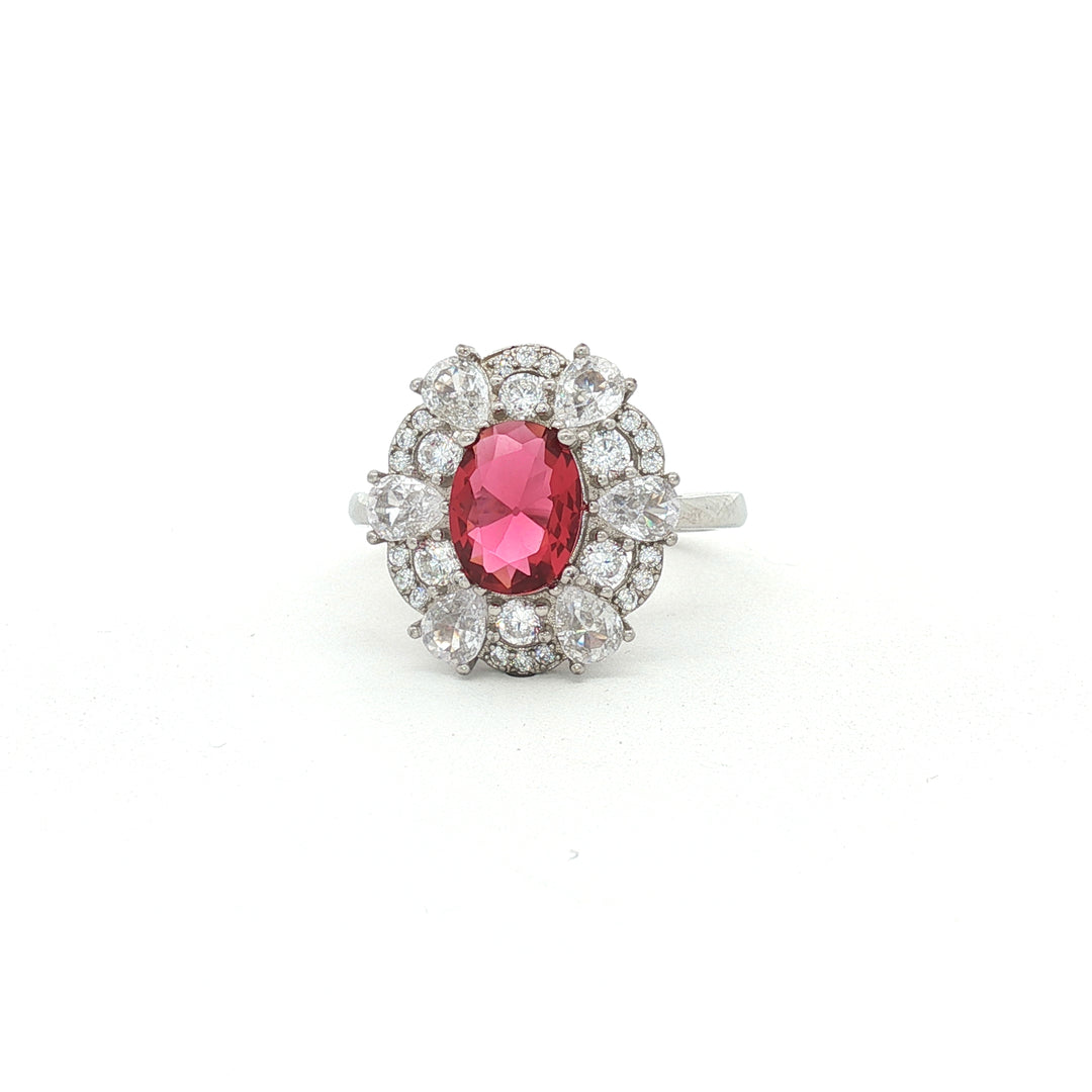 Stunning 925 Sterling Silver Red Gemstone Halo Ring with Side Accents