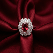 Stunning 925 Sterling Silver Red Gemstone Halo Ring with Side Accents