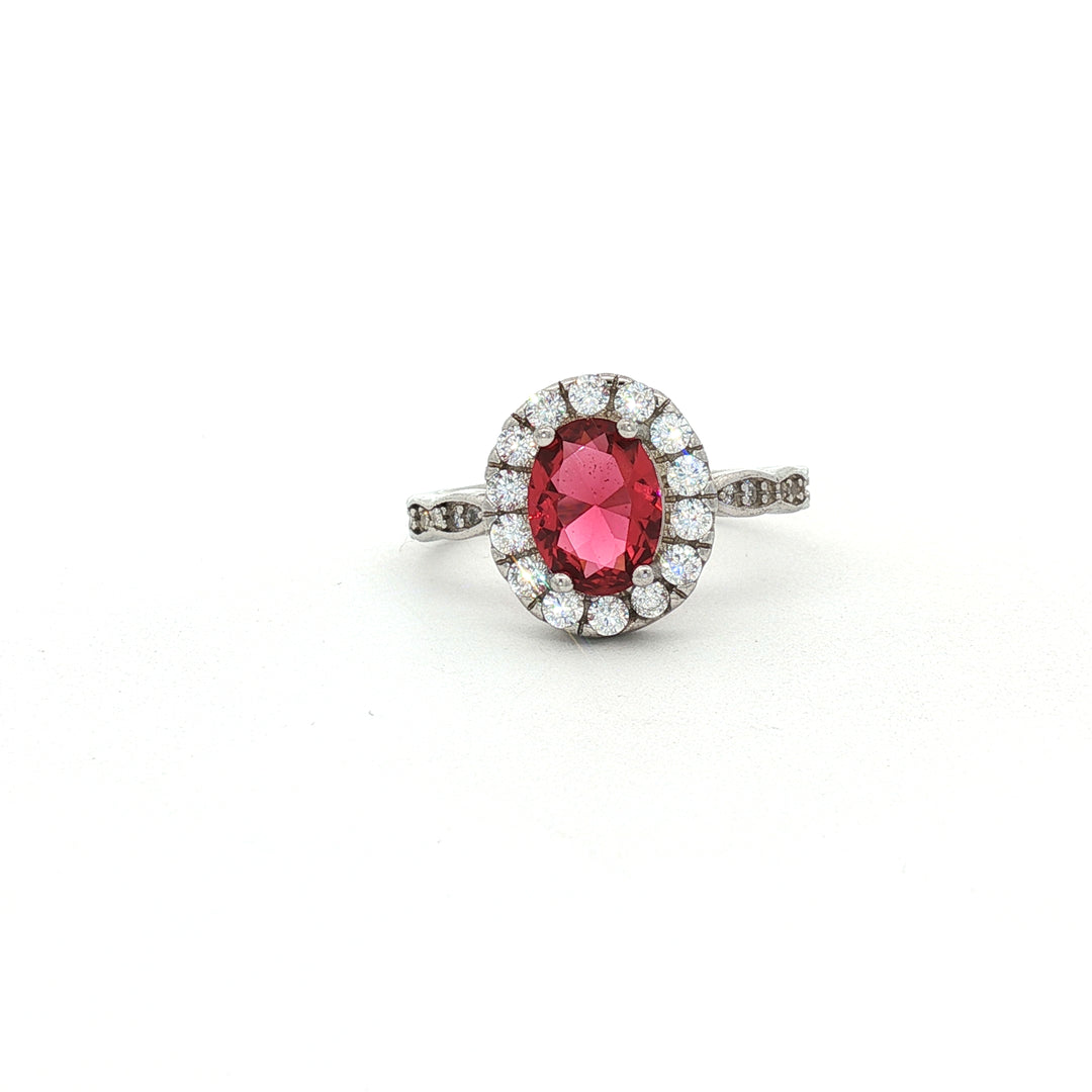 Elegant 925 Sterling Silver Emerald-Cut Red Stone Halo Ring