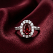 Elegant 925 Sterling Silver Emerald-Cut Red Stone Halo Ring