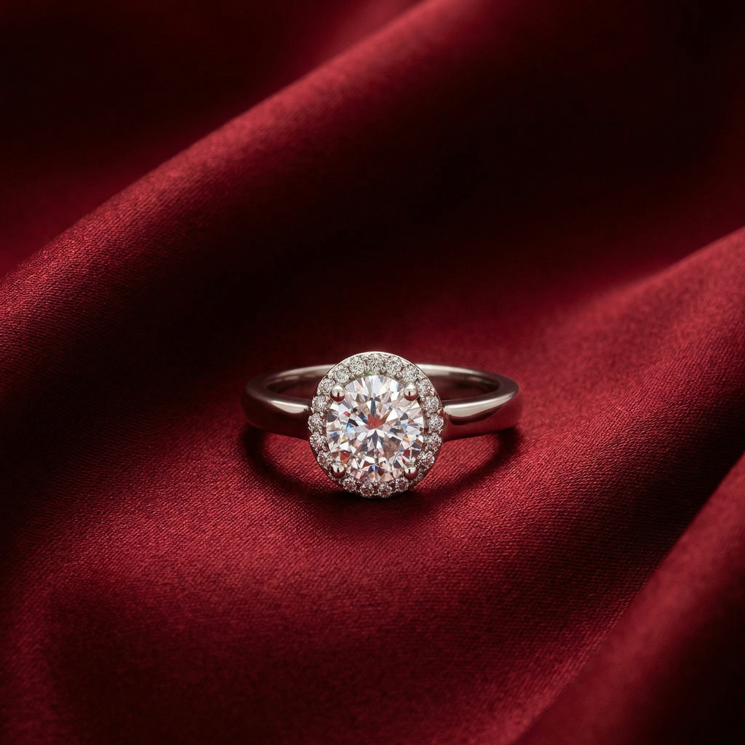 Elegant 925 Sterling Silver Halo Ring with Brilliant Round Cut Stone