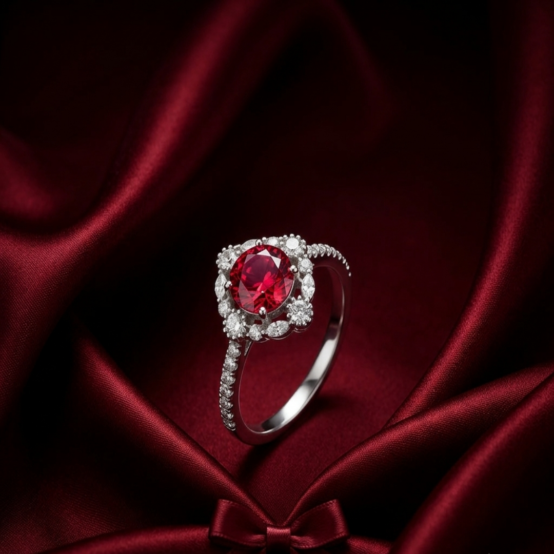 Dazzling 925 Sterling Silver Ruby-Tone Halo Ring with Sparkling Accents