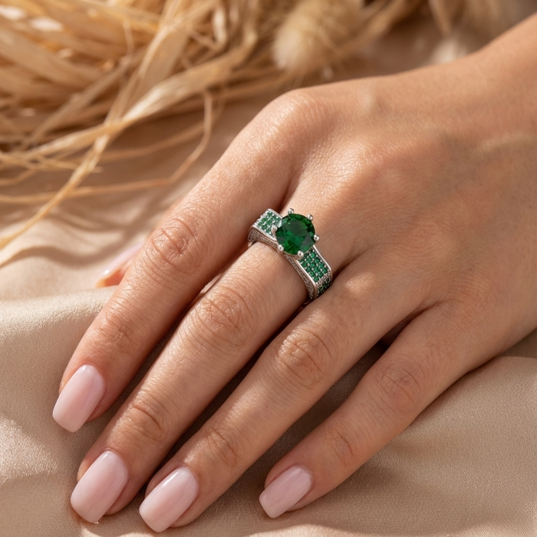 Premium 925 Sterling Silver Solitaire Bold Green Stone Designer Ring