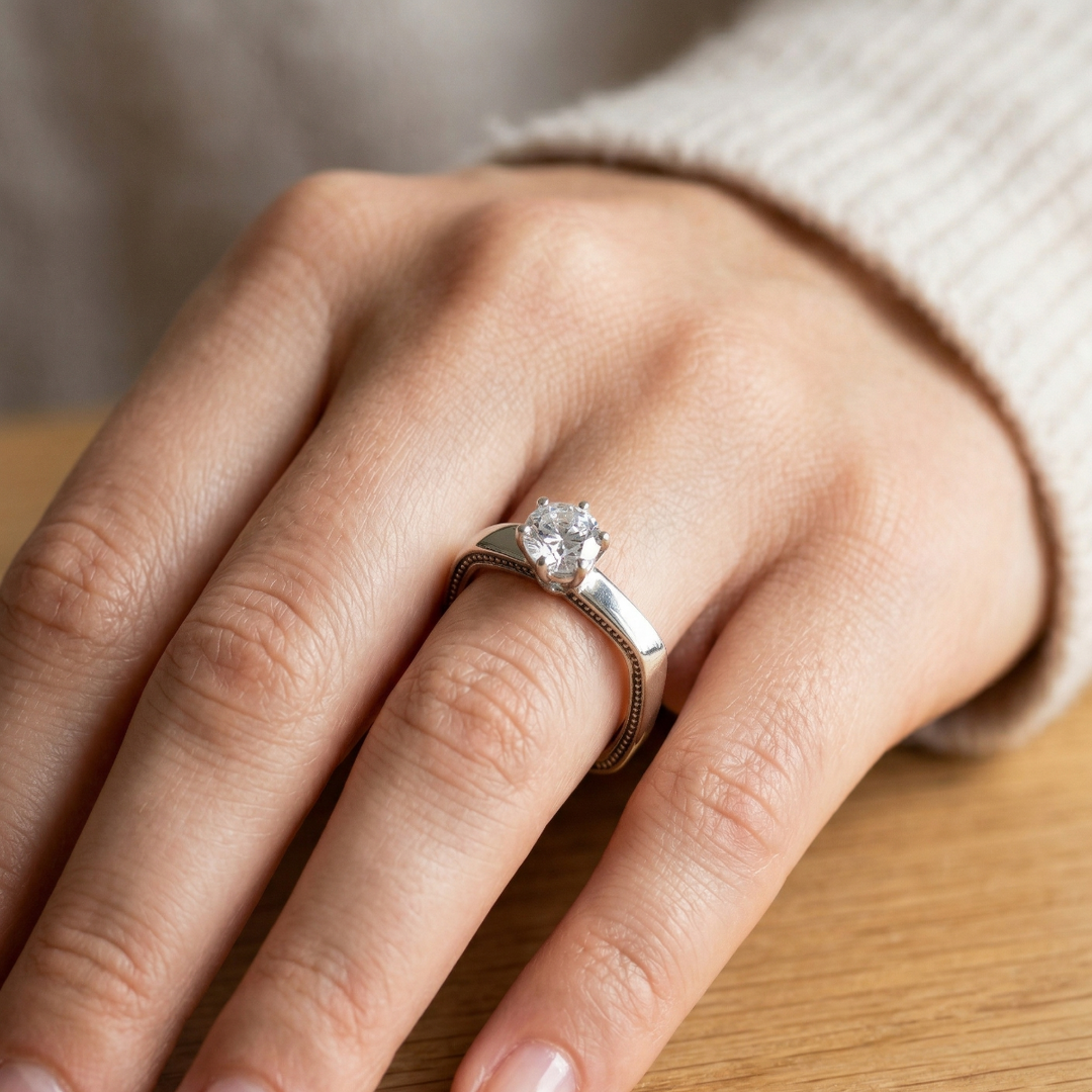 Classic 925 Sterling Silver Engagement Ring with Sparkling Halo Design