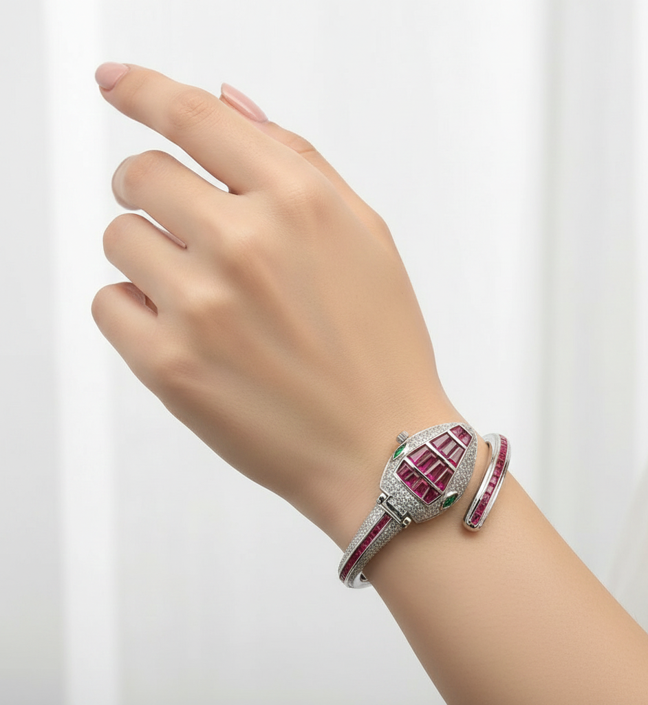 Women's 925 Sterling Silver Snake Shape Watch with Bracelet Kada