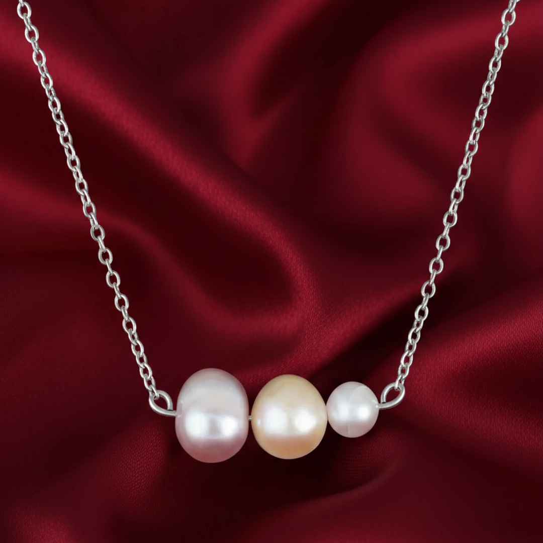 Tri Color Graduating Cultured Pearl 925 Starling Silver Necklace. With adjustable length