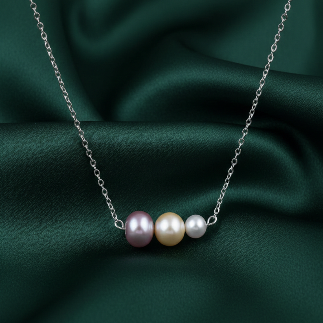 Tri Color Graduating Cultured Pearl 925 Starling Silver Necklace. With adjustable length