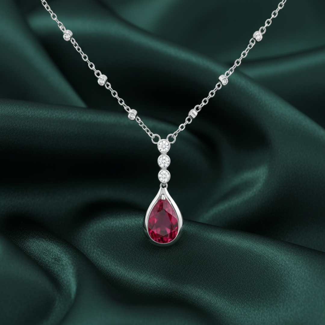 925 Sterling Silver Ruby Stone Pendant Necklace with Adjustable Length