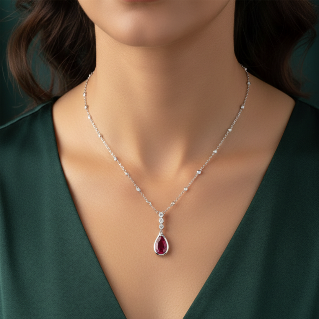 925 Sterling Silver Ruby Stone Pendant Necklace with Adjustable Length