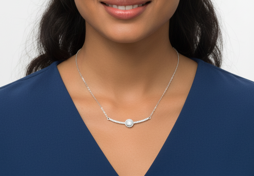 925 Sterling Silver Halo Pendant Chain Necklace with Adjustable Length