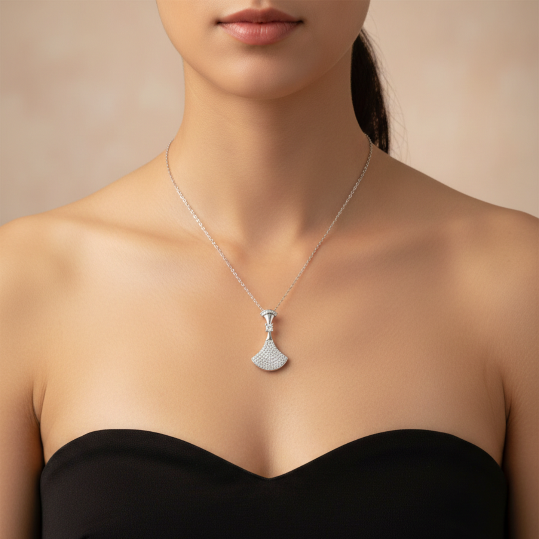 925 Sterling Silver Classic Fan Pendant Necklace with Adjustable Length For Women