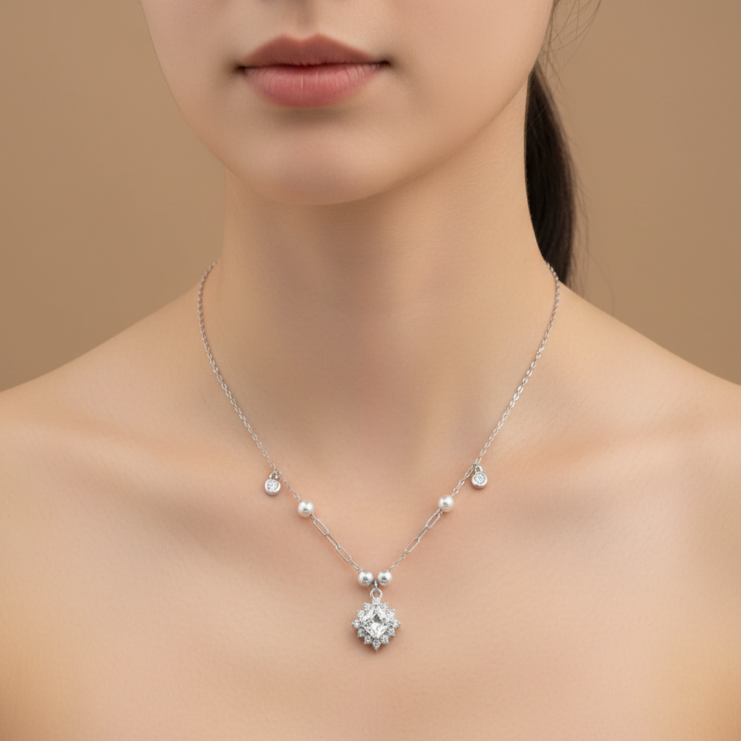925 Sterling Silver Classic Pendant With Pearl Chain Necklace with Adjustable Length For Women