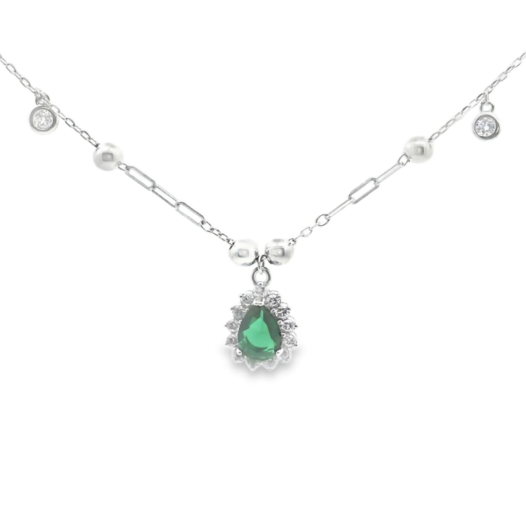 925 Sterling Silver Classic Emerald Green Stone Pendant Necklace with Adjustable Length