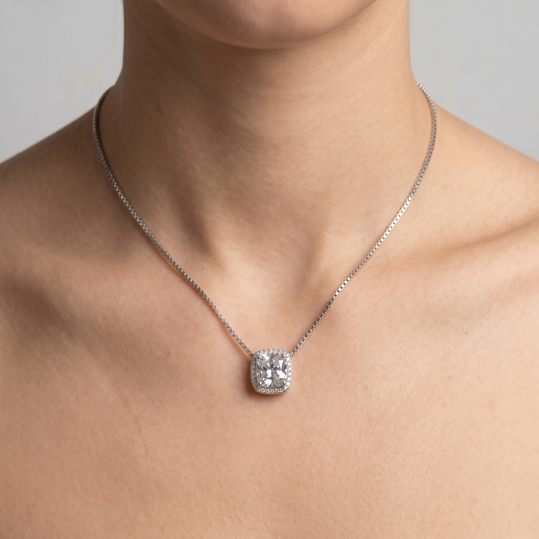 925 Sterling Silver Stud Diamond Pendant Necklace with Adjustable Length